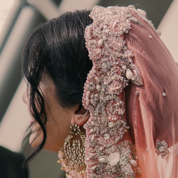 Indian Pakistani Bridal Wedding Long Gown Dress in Light Pink and Peach Pink - Picture 3 of 10